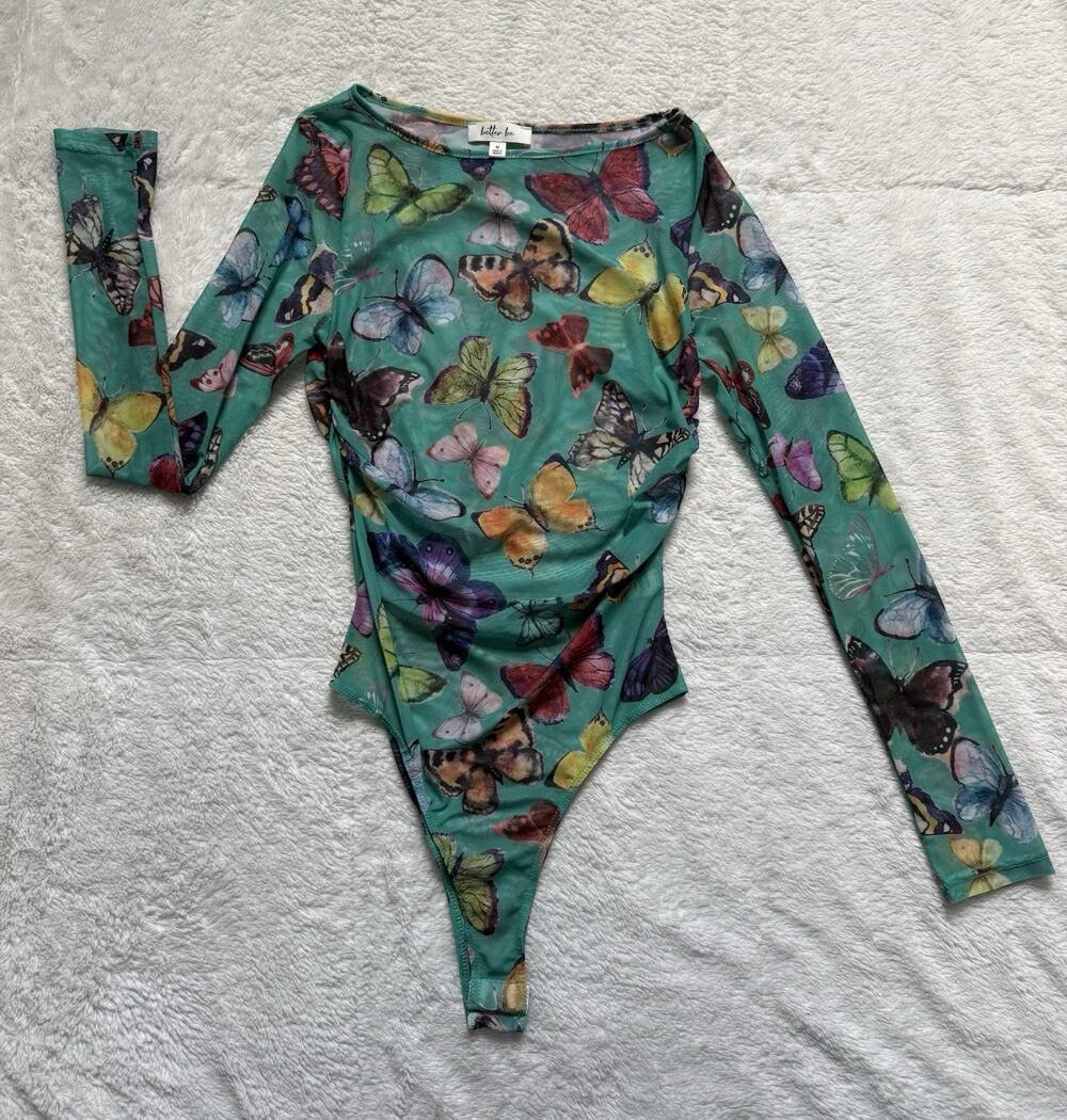 Y2K Better Be Long Sleeve Mesh Bodysuit Teal Butterflies M Whimsigoth Festival